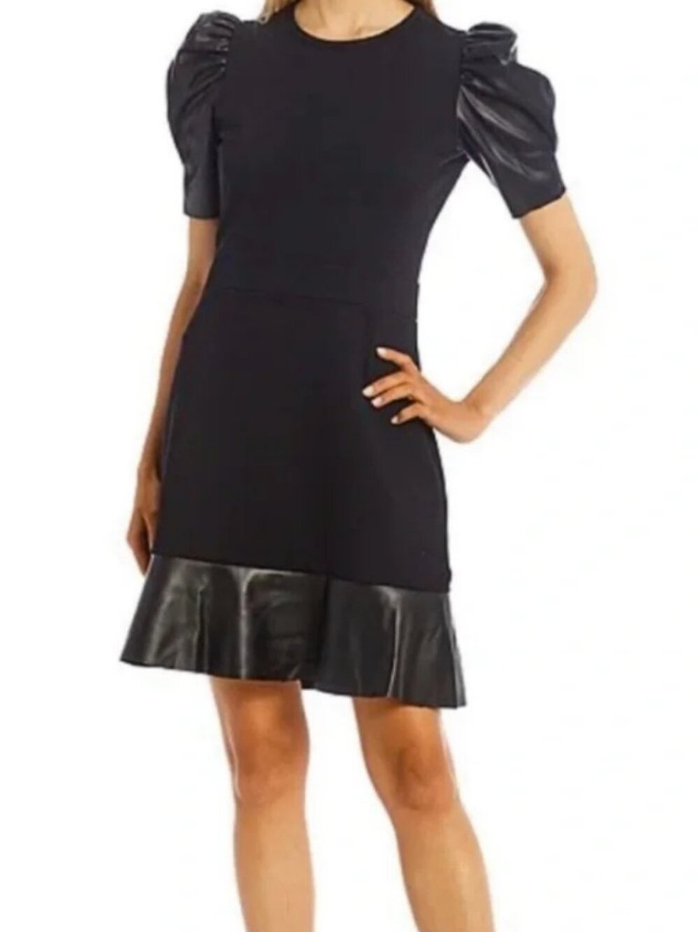MICHAEL Michael Kors Black Ponte Faux Leather Puff Sleeve Ruffle Dress M